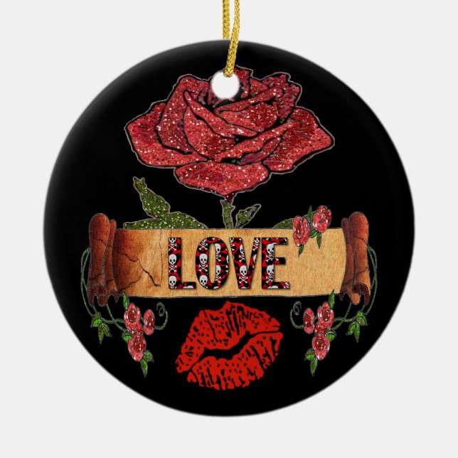 RAB Rockabilly Roses, Love & Lipstick Ceramic Ornament (Front)