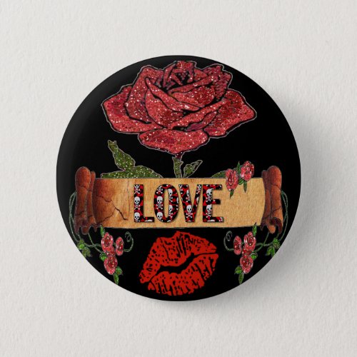 RAB Rockabilly Roses Love  Lipstick Pinback Button