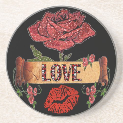 RAB Rockabilly Roses Love  Lipstick Sandstone Coaster