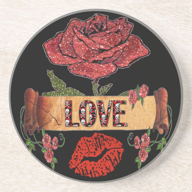 RAB Rockabilly Roses, Love & Lipstick Sandstone Coaster (Front)