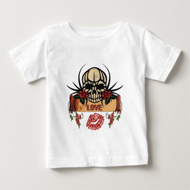 RAB Rockabilly Skull Roses Love Lipstick Baby T-Shirt (Front)