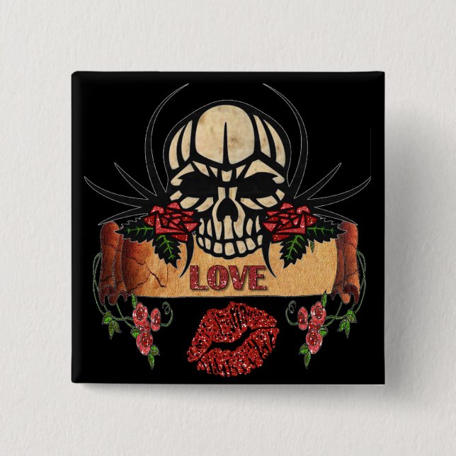 RAB Rockabilly Skull Roses Love Lipstick Button (Front)