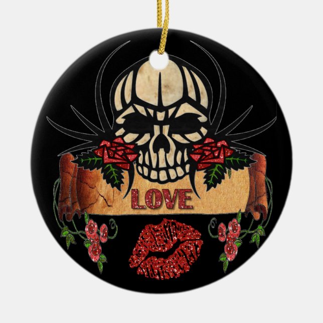 RAB Rockabilly Skull Roses Love Lipstick Ceramic Ornament (Front)