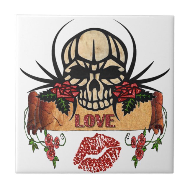 RAB Rockabilly Skull Roses Love Lipstick Ceramic Tile (Front)