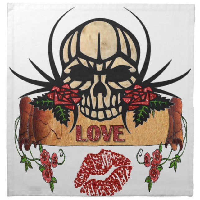 RAB Rockabilly Skull Roses Love Lipstick Cloth Napkin (Front)