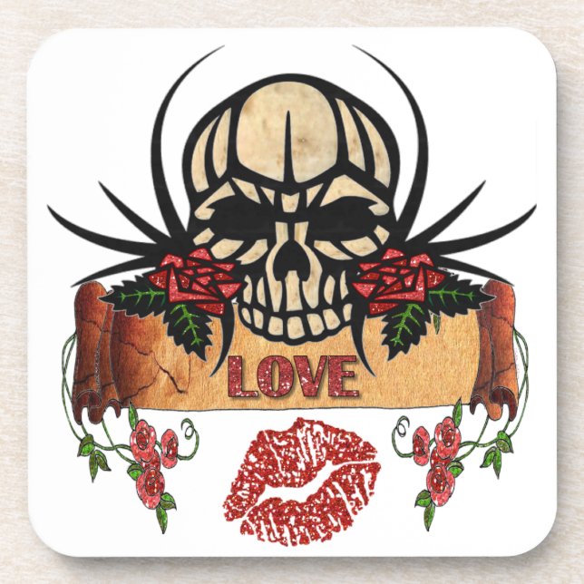 RAB Rockabilly Skull Roses Love Lipstick Drink Coaster (Front)