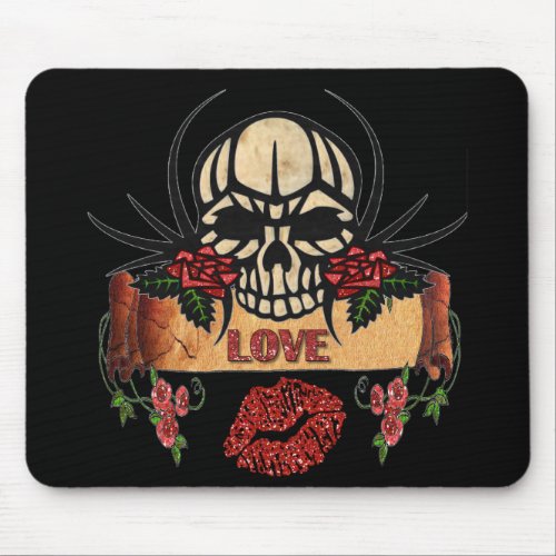 RAB Rockabilly Skull Roses Love Lipstick Mouse Pad