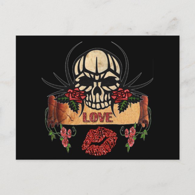RAB Rockabilly Skull Roses Love Lipstick Postcard (Front)