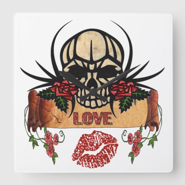 RAB Rockabilly Skull Roses Love Lipstick Square Wall Clock (Front)