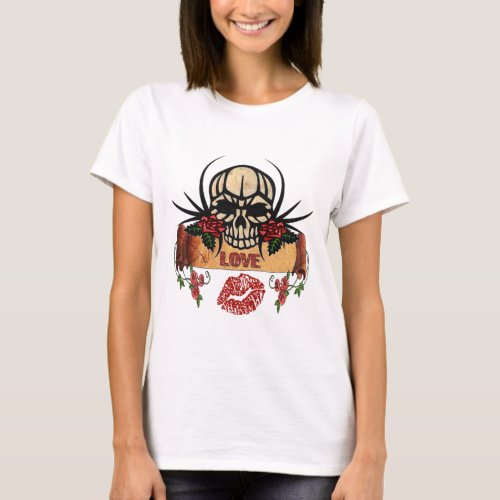 RAB Rockabilly Skull Roses Love Lipstick T_Shirt
