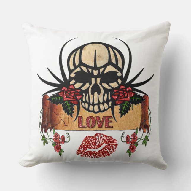 RAB Rockabilly Skull Roses Love Lipstick Throw Pillow (Front)
