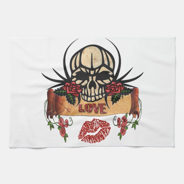 RAB Rockabilly Skull Roses Love Lipstick Towel (Horizontal)