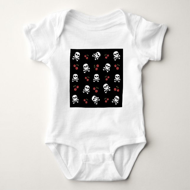RAB Rockabilly Skulls and Cherries on Black Baby Bodysuit (Front)