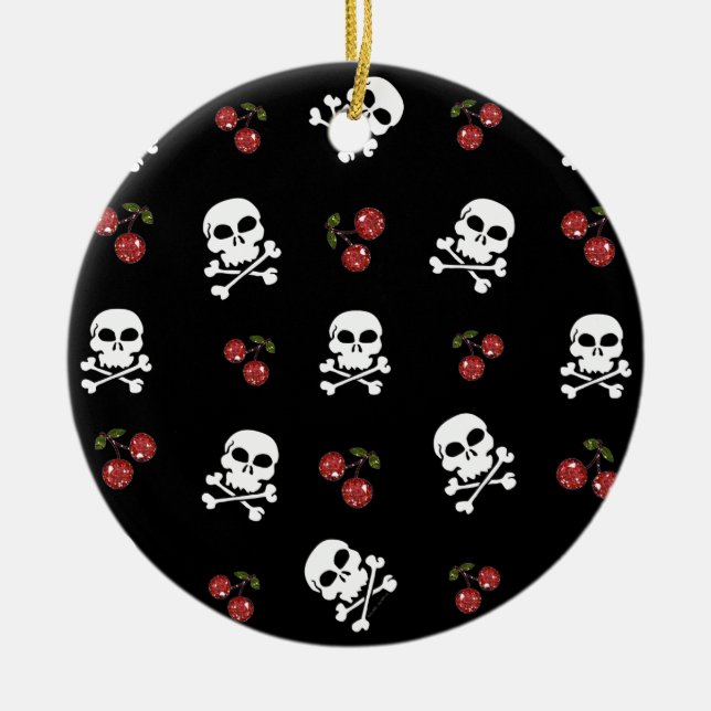 RAB Rockabilly Skulls and Cherries on Black Ceramic Ornament (Front)