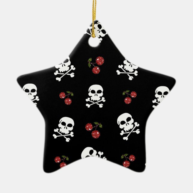 RAB Rockabilly Skulls and Cherries on Black Ceramic Ornament (Front)