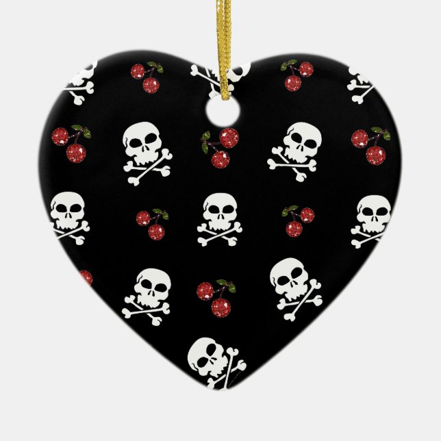 RAB Rockabilly Skulls and Cherries on Black Ceramic Ornament (Front)