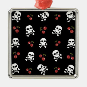 RAB Rockabilly Skulls and Cherries on Black Metal Ornament