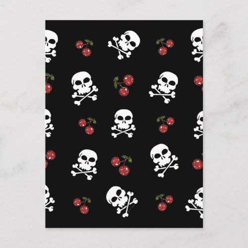 RAB Rockabilly Skulls and Cherries on Black Postcard