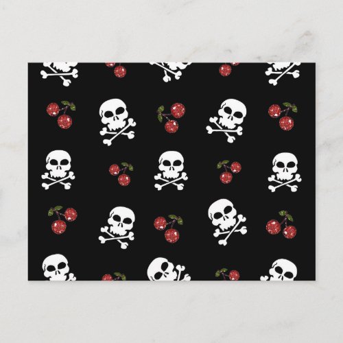 RAB Rockabilly Skulls and Cherries on Black Postcard
