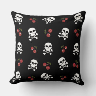 RAB Rockabilly Skulls and Cherries on Black Throw Pillow
