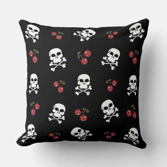 RAB Rockabilly Skulls and Cherries on Black Throw Pillow (Front)