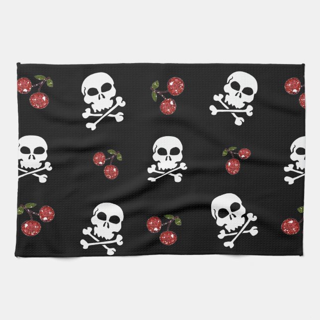 RAB Rockabilly Skulls and Cherries on Black Towel (Horizontal)