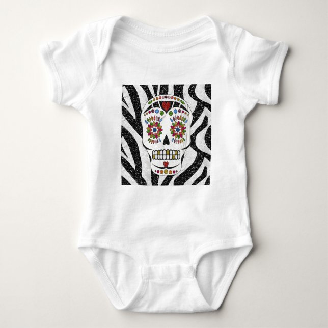 RAB Rockabilly Sugar Skull on Zebra Print Baby Bodysuit (Front)