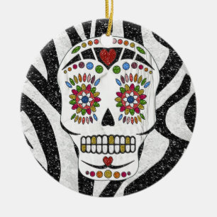 RAB Rockabilly Sugar Skull on Zebra Print Ceramic Ornament