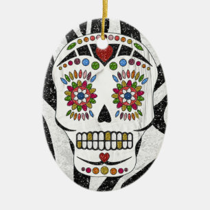 RAB Rockabilly Sugar Skull on Zebra Print Ceramic Ornament