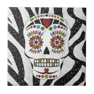 RAB Rockabilly Sugar Skull on Zebra Print Ceramic Tile