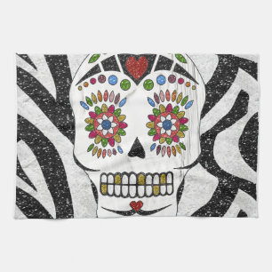 RAB Rockabilly Sugar Skull on Zebra Print Kitchen Towel