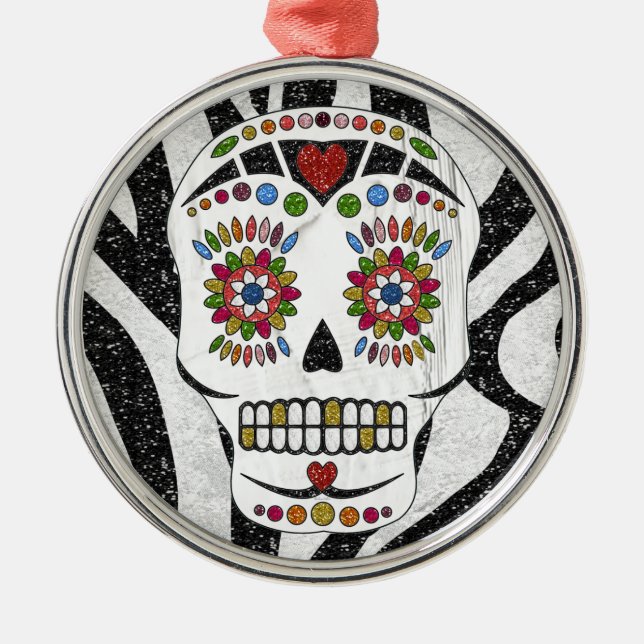 RAB Rockabilly Sugar Skull on Zebra Print Metal Ornament (Front)