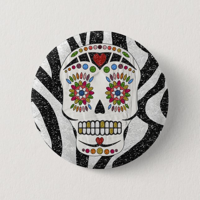 RAB Rockabilly Sugar Skull on Zebra Print Pinback Button (Front)