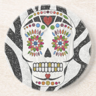 RAB Rockabilly Sugar Skull on Zebra Print Sandstone Coaster