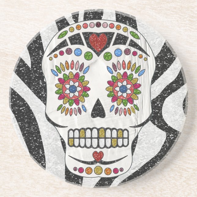 RAB Rockabilly Sugar Skull on Zebra Print Sandstone Coaster (Front)