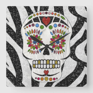 RAB Rockabilly Sugar Skull on Zebra Print Square Wall Clock