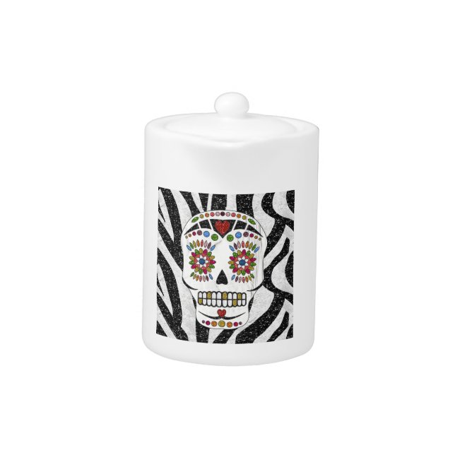 RAB Rockabilly Sugar Skull on Zebra Print Teapot (Front)