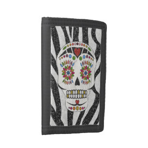 RAB Rockabilly Sugar Skull on Zebra Print Tri-fold Wallet