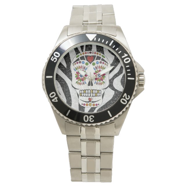 RAB Rockabilly Sugar Skull on Zebra Print Watch (Front)