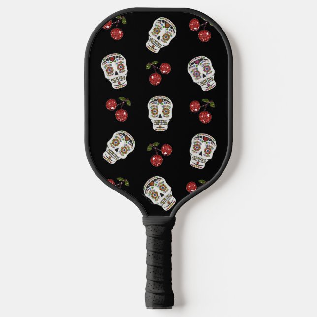 RAB Rockabilly Sugar Skulls and Cherries on Black  Pickleball Paddle (Front)