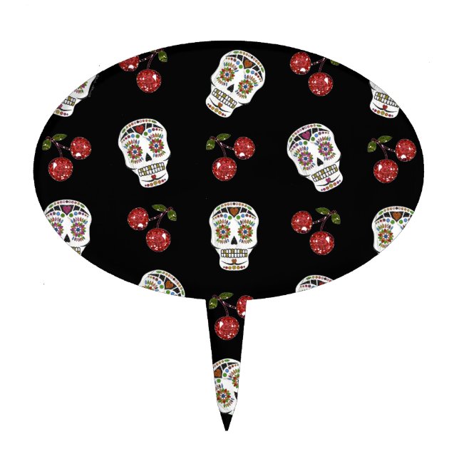 RAB Rockabilly Sugar Skulls Cherries On Black Cake Topper (Front)