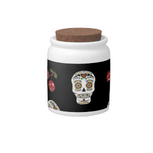 RAB Rockabilly Sugar Skulls Cherries On Black Candy Jar
