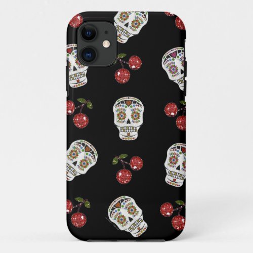 RAB Rockabilly Sugar Skulls Cherries On Black iPhone 11 Case