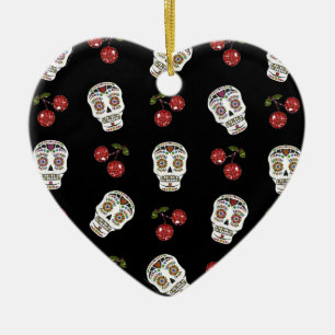 RAB Rockabilly Sugar Skulls Cherries On Black Ceramic Ornament