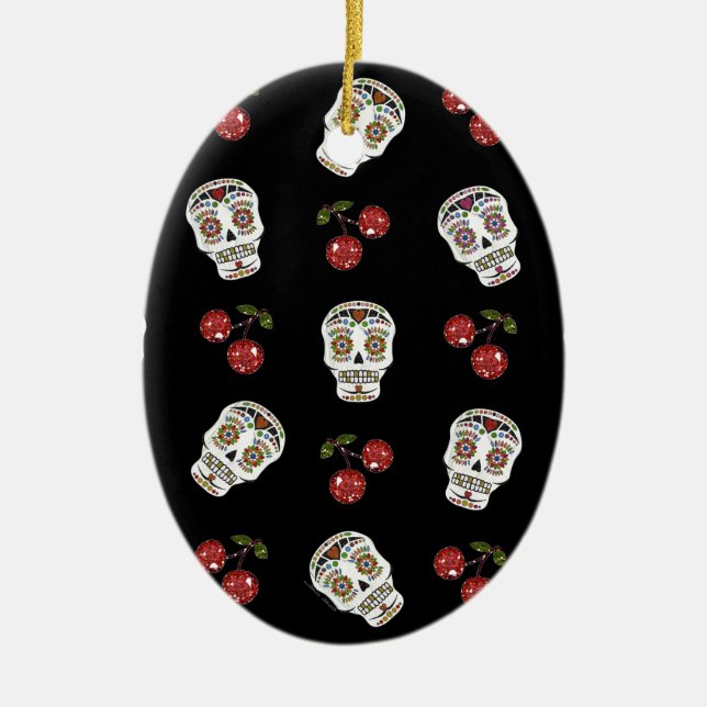 RAB Rockabilly Sugar Skulls Cherries On Black Ceramic Ornament (Front)