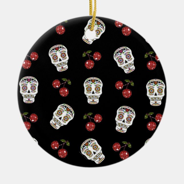 RAB Rockabilly Sugar Skulls Cherries On Black Ceramic Ornament (Front)