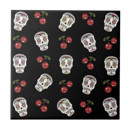 RAB Rockabilly Sugar Skulls Cherries On Black Ceramic Tile