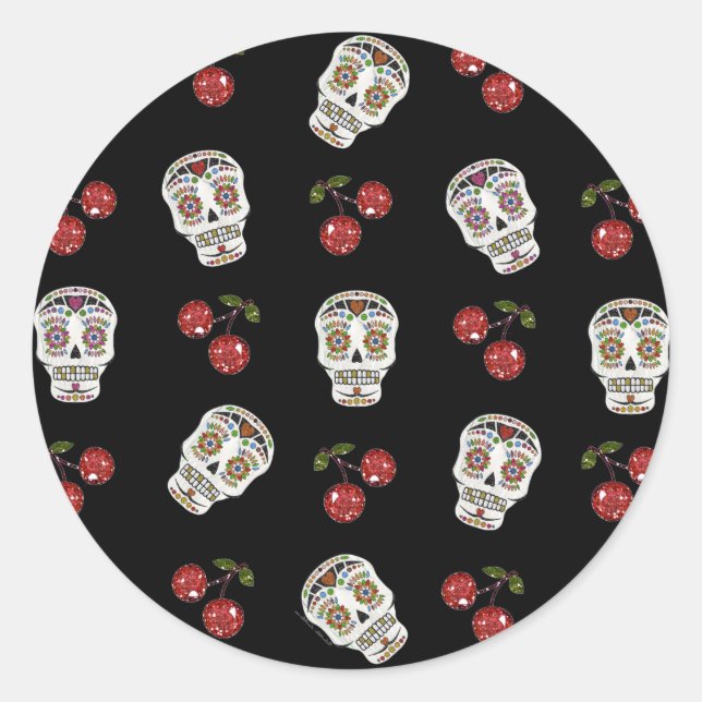 RAB Rockabilly Sugar Skulls Cherries On Black Classic Round Sticker (Front)