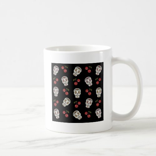 RAB Rockabilly Sugar Skulls Cherries On Black Coffee Mug