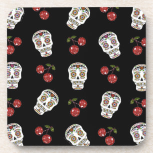 RAB Rockabilly Sugar Skulls Cherries On Black Drink Coaster